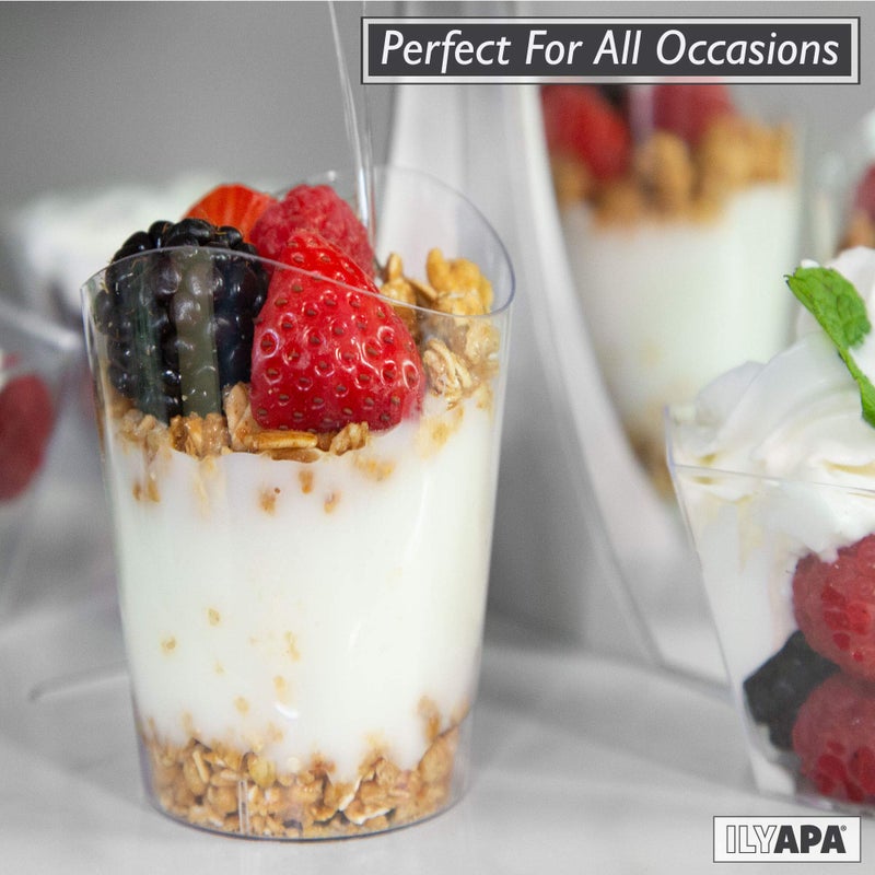 Ilyapa 4oz Plastic Dessert Cups - 100 Pack Mini Dessert Cups with Spoons - Clear Reusable Small Appetizer Cup for Cheesecake Shooters, Chocolate Mousse, Parfait - Party and Catering Supplies - Round - Image 4